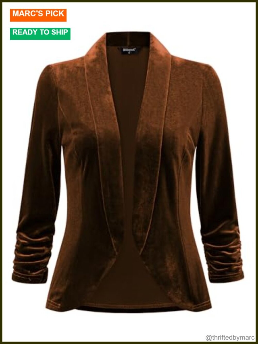 Velvet Blazer 3/4 Sleeve Shawl Collar Open Front Formal Jacket